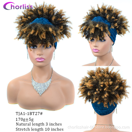 Wholesale Ombre Turban Wig Afro Wig Short With leopard band Kinky Curly Synthetic Wig With Headband Attached For Black Women